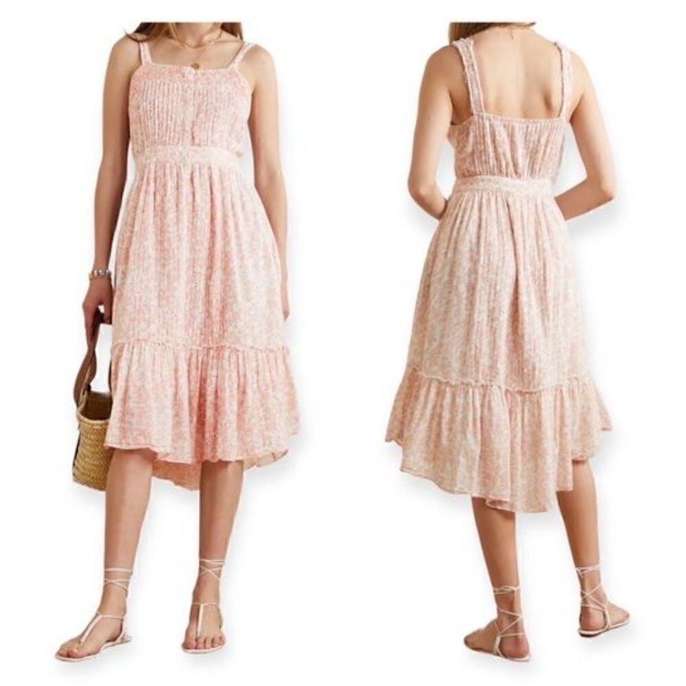 LoveShackFancy Tove Floral Print Midi Dress, Size 2, Vanilla Foam
